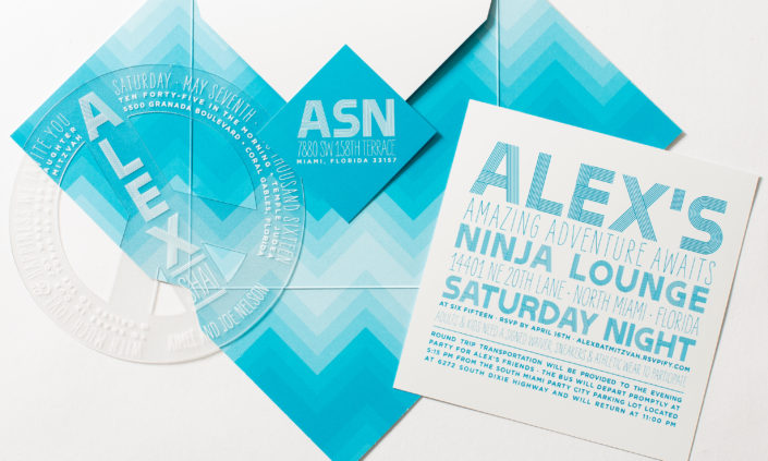 Alex Shai-allie-munroe-plastic-die-cut-silkscreen-invitation-mitzvah-modern-blue-white-peace-sign-custom-ombre-chevron-pattern-1