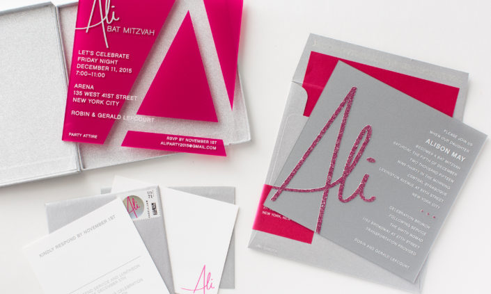 Alison May-allie-munroe-acrylic-plastic-silkscreen-invitation-mitzvah-modern-pink-silver-glitter-monogram-1
