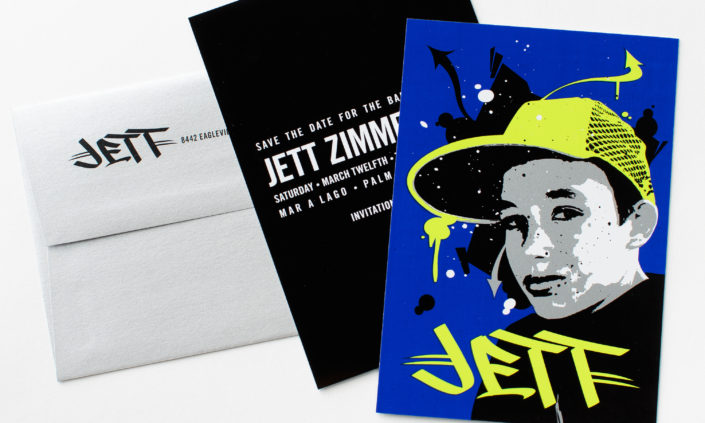 Jett-allie-munroe-plastic-silkscreen-invitation-save-the-date-mitzvah-modern-graffiti-edgy-custom-portrait-artwork-neon-blue-black-silver-1