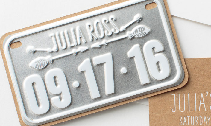 Julia Ross-allie-munroe-metal-board-letterpress-invitation-save-the-date-mitzvah-party-modern-silver-white-license-plate-2