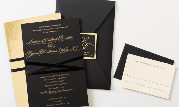 Lauren and Trevor-allie-munroe-board-foil-invitation-wedding-traditional-black-gold-satin-ribbon-1