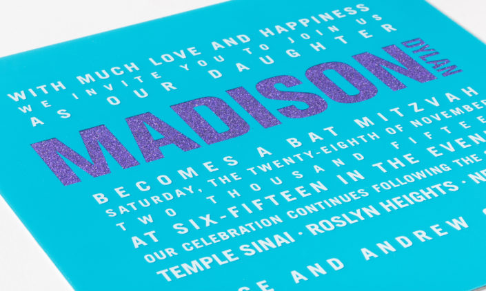 Madison Dylan-allie-munroe-plastic-silkscreen-invitation-mitzvah-modern-glitter-teal-white-purple-2