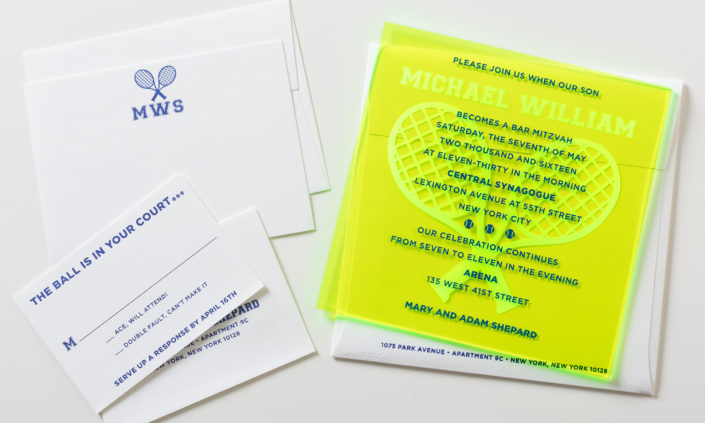 Michael William-allie-munroe-acrylic-plastic-silkscreen-invitation-mitzvah-traditional-modern-material-neon-yellow-blue-white-tennis-monogram-sporty-preppy-1
