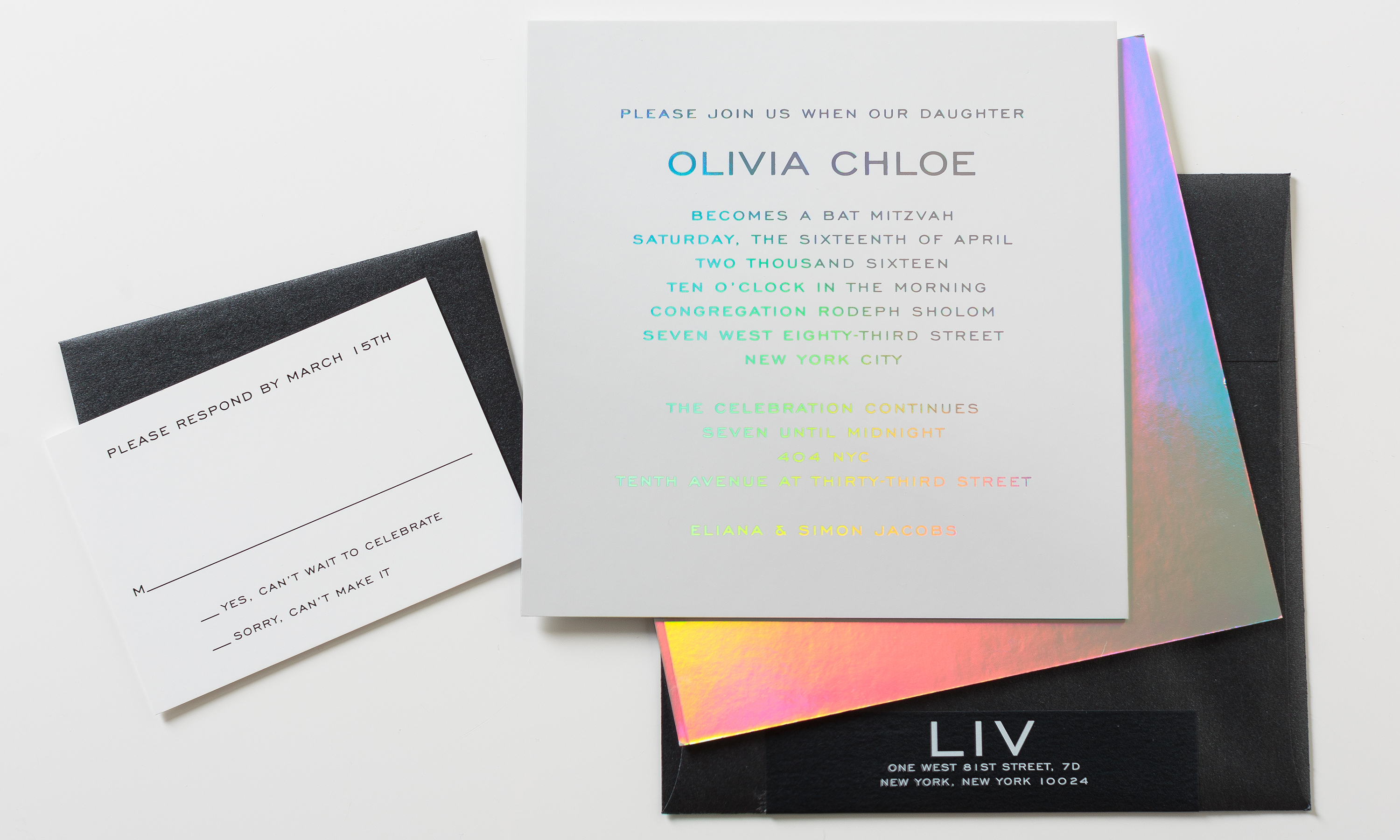 Olivia Chloe-allie-munroe-paper-foil-invitation-mitzvah-traditional-black-white-holographic-rainbow-1