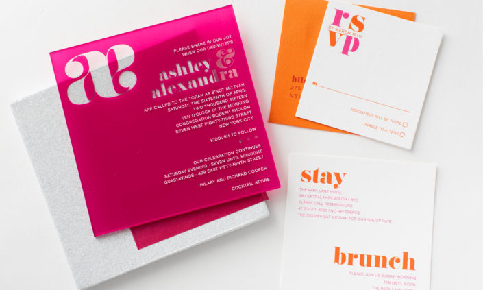 ashley-alexandra-allie-munroe-acrylic-plastic-silkscreen-invitation-mitzvah-modern-pink-orange-neon-glitter-monogram-1