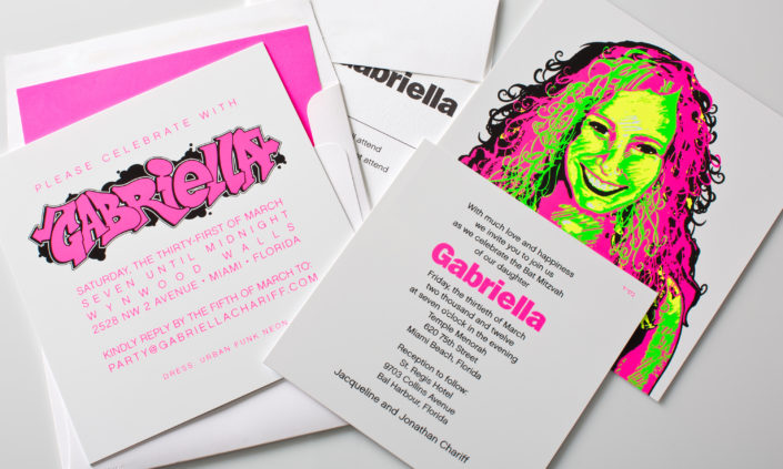 gabriella-allie-munroe-plastic-silkscreen-invitation-mitzvah-modern-graffiti-custom-art-portrait-edgy-neon-pink-white-1