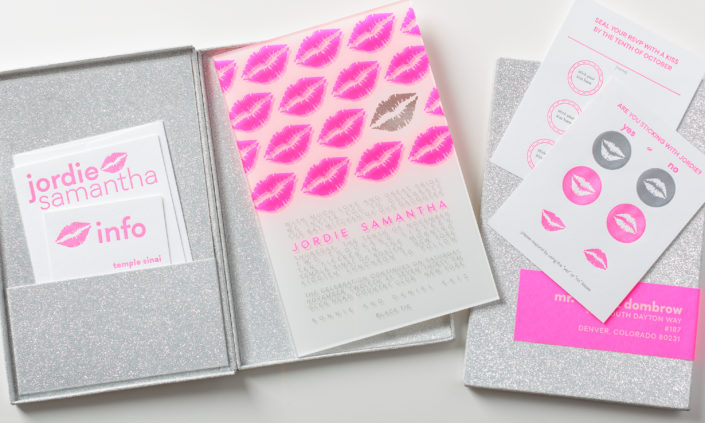 jordie-samantha-allie-munroe-clear-acrylic-paper-letterpress-silkscreen-glitter-box-mitzvah-invitation-modern-kisses-lips-pattern-neon-pink-silver-white-2 jordie-samantha-allie-munroe-clear-acrylic-paper-letterpress-silkscreen-glitter-box-mitzvah-invitation-modern-kisses-lips-pattern-neon-pink-silver-white-2