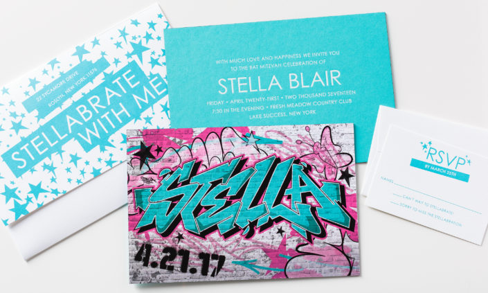 stella-allie-munroe-paper-board-foil-edging-digital-mitzvah-invitation-modern-graffiti-pattern-logo-pink-aqua-white-1