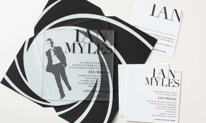 ian-myles-allie-munroe-paper-acrylic-frosted-silkscreen-mitzvah-invitation-modern-black-white-james-bond-007-2 ian-myles-allie-munroe-paper-acrylic-frosted-silkscreen-mitzvah-invitation-modern-black-white-james-bond-007-2
